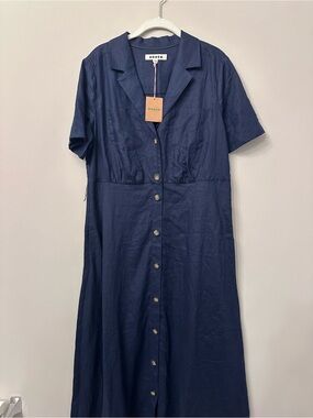 NWT Boden 100% Linen Button Front Midi Dress Navy Blue US 12